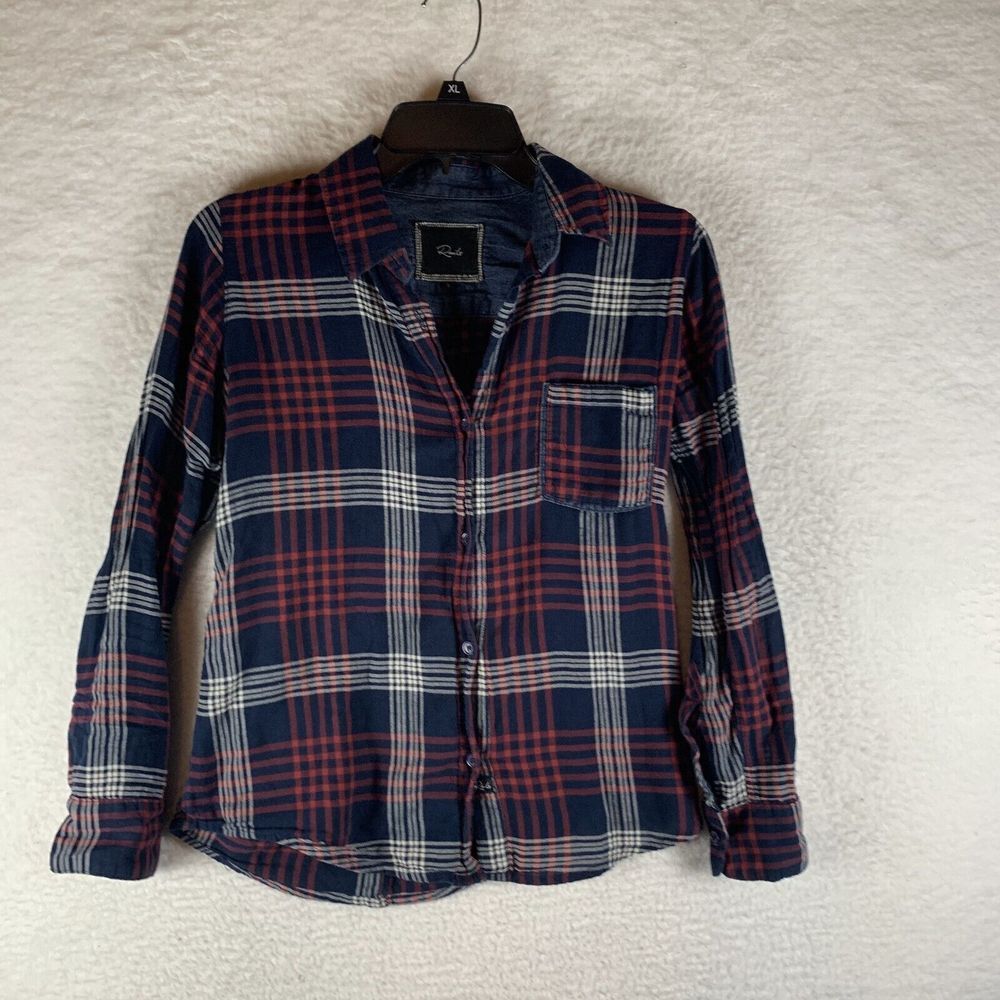 Rails Flannel Shirt Womens Small Navy Plaid Cotton Pleated Long Sleeve Button-Up